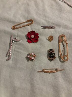 Gold and Red Floral Safety Pin Brooch - Women Jewelry